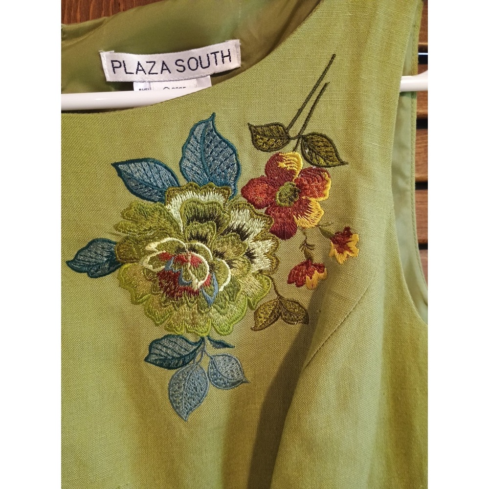 Women's Plaza South Sleeveless Olive Green‎ Dress Flower Embroidery Ribbon Bow 6